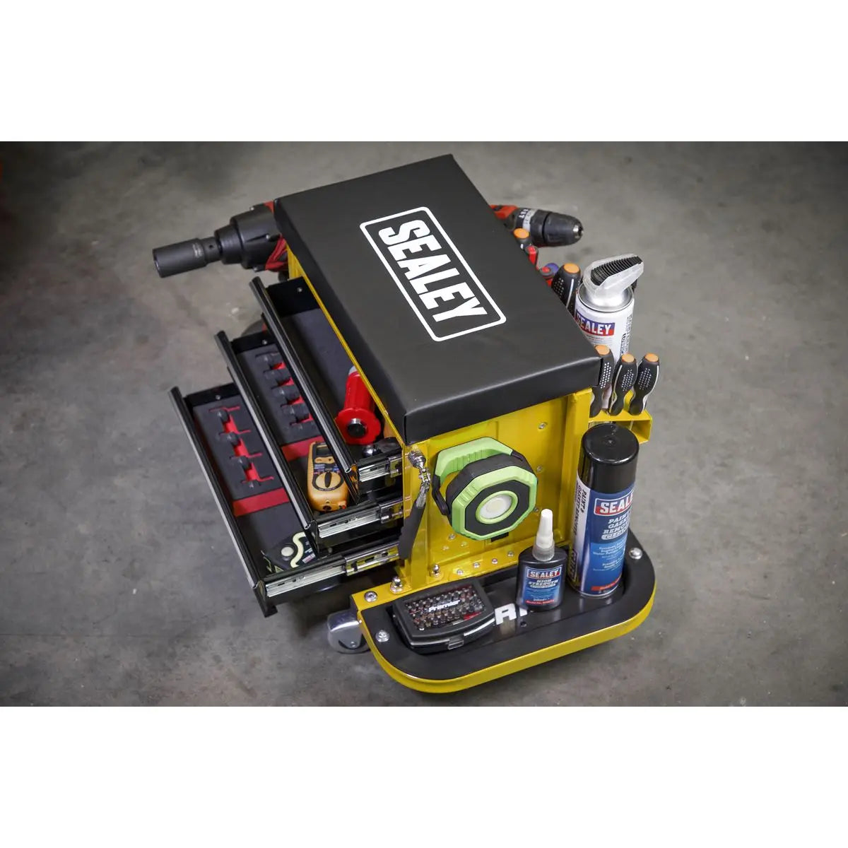Sealey Mechanics Rolling Utility Seat and Toolbox with Drawers Yellow 