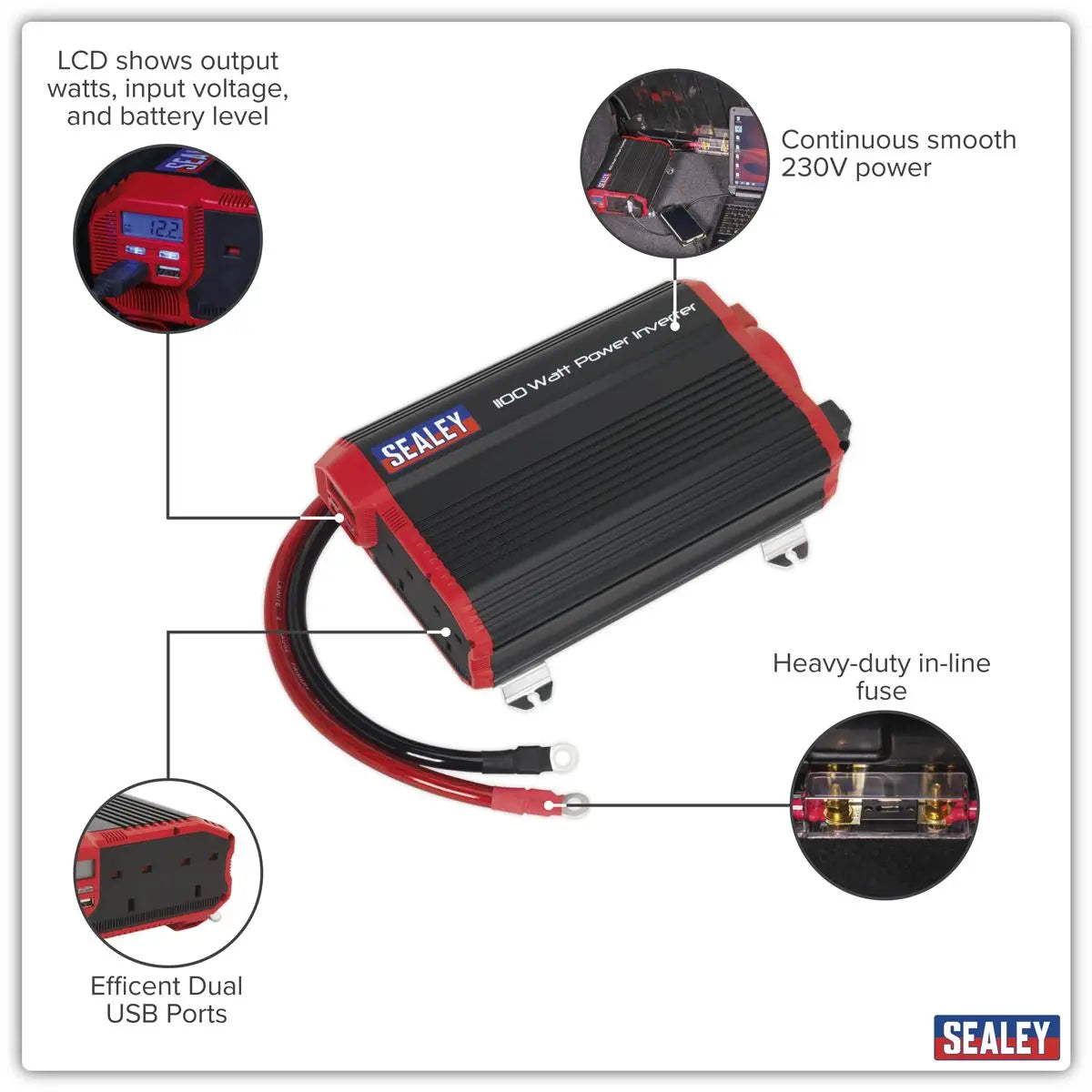 Sealey Modified Sine Wave Power Inverter 1100W 12V  White Rose Tools