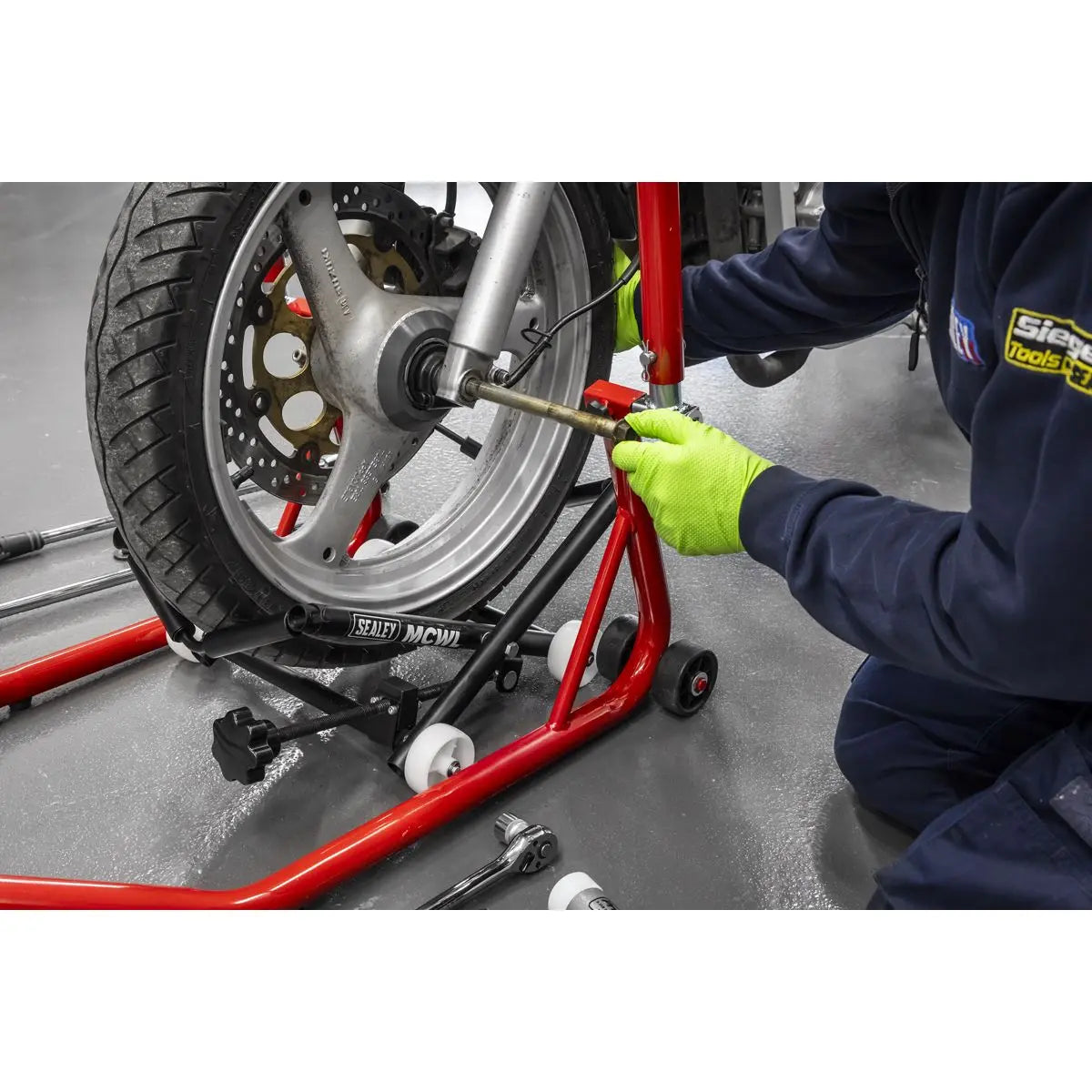Sealey Motorcycle Wheel adjustable Support with Rollers  White Rose Tools