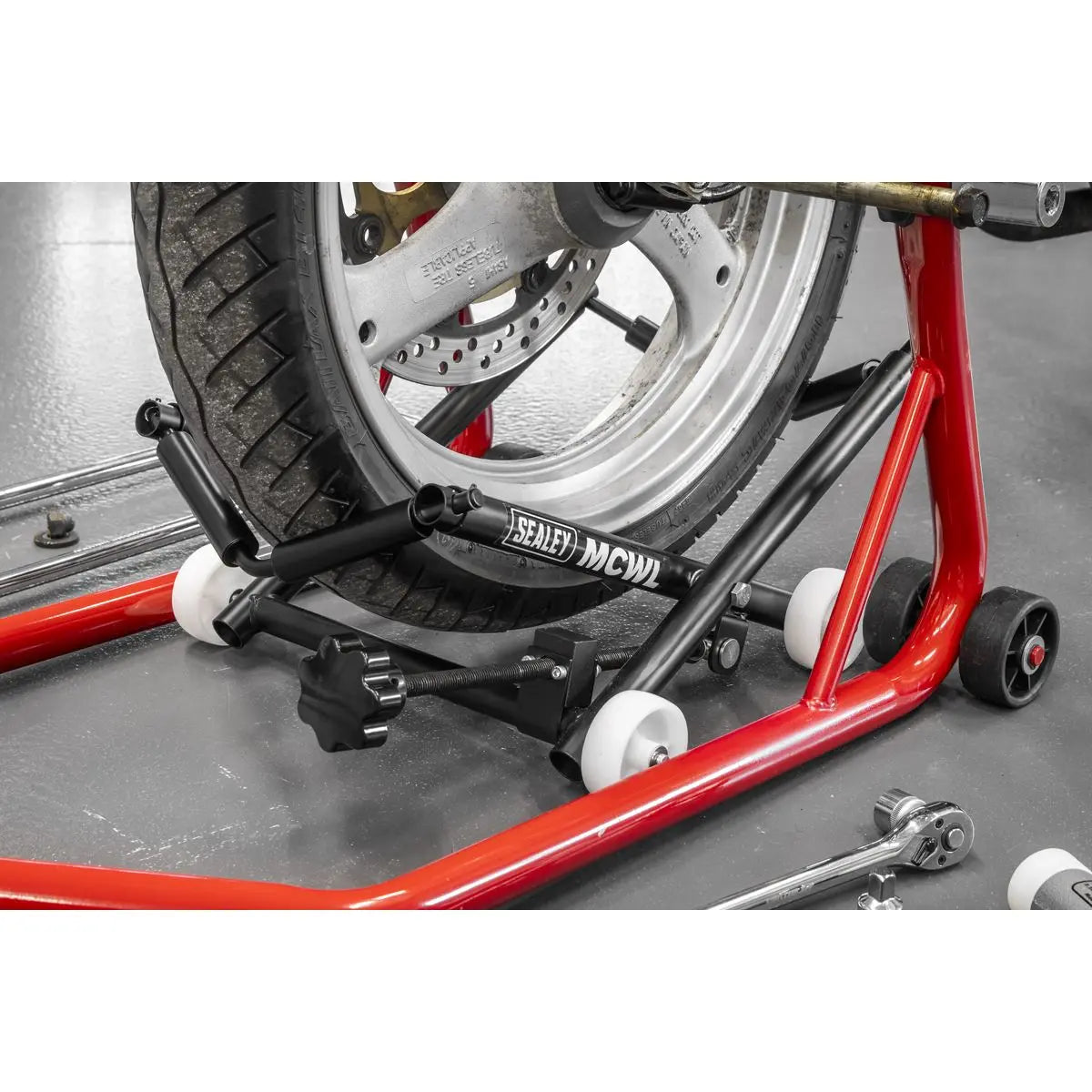 Sealey Motorcycle Wheel adjustable Support with Rollers  White Rose Tools