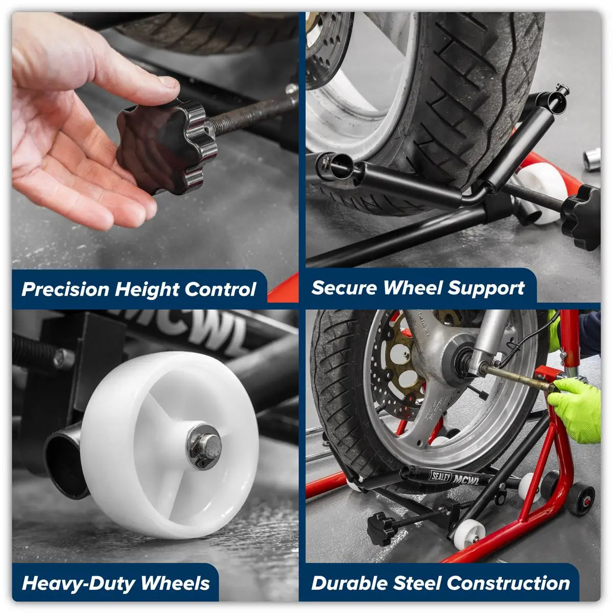 Sealey Motorcycle Wheel adjustable Support with Rollers  White Rose Tools