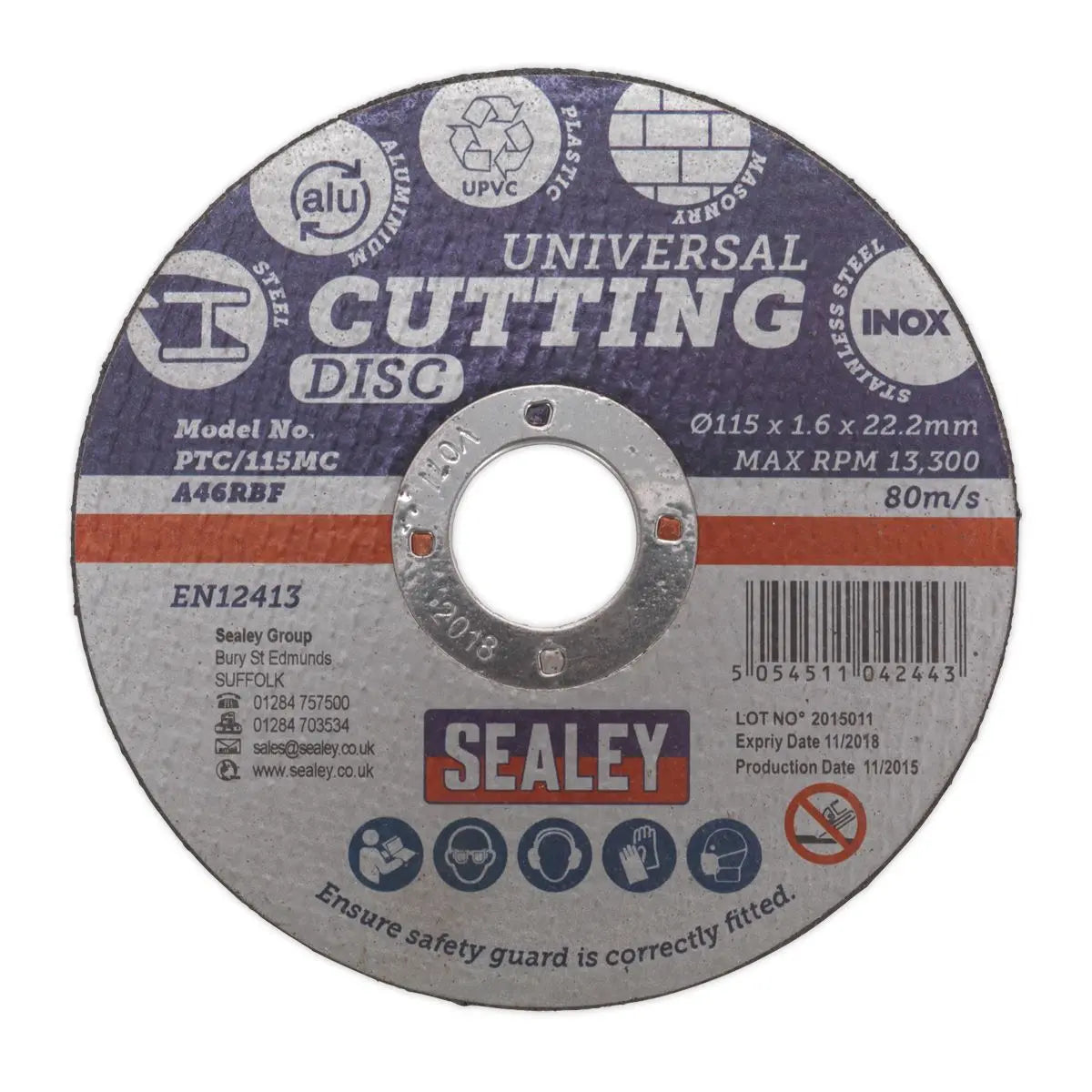 Sealey Multipurpose Cutting Disc 115mm x 1.6mm Ø22.2mm Bore Steel Aluminium 