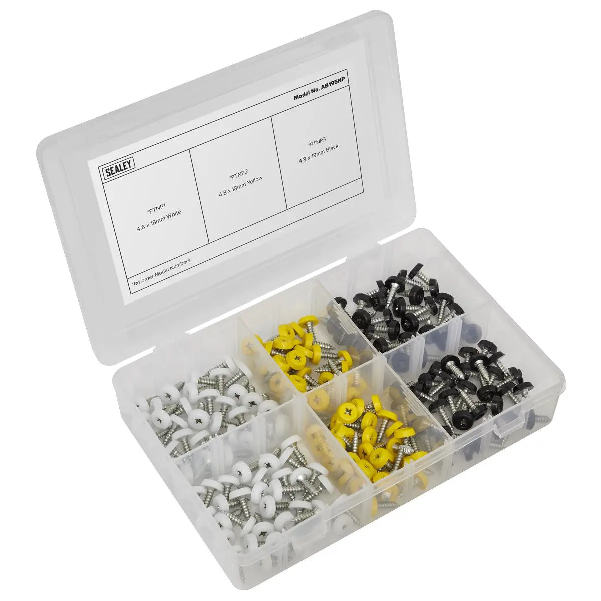 Sealey Numberplate Screw Assortment 195pc 4.8mm x 18mm - Plastic Enclosed Head 