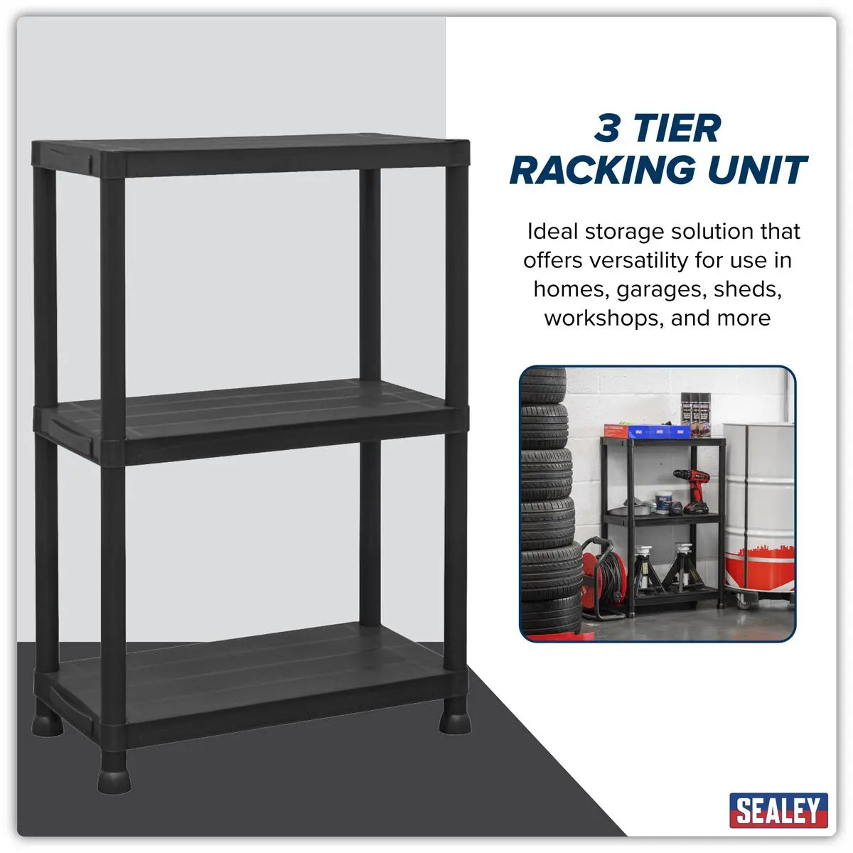 Sealey Plastic Racking Unit with 3 Shelves 25kg Capacity Per Level  White Rose Tools
