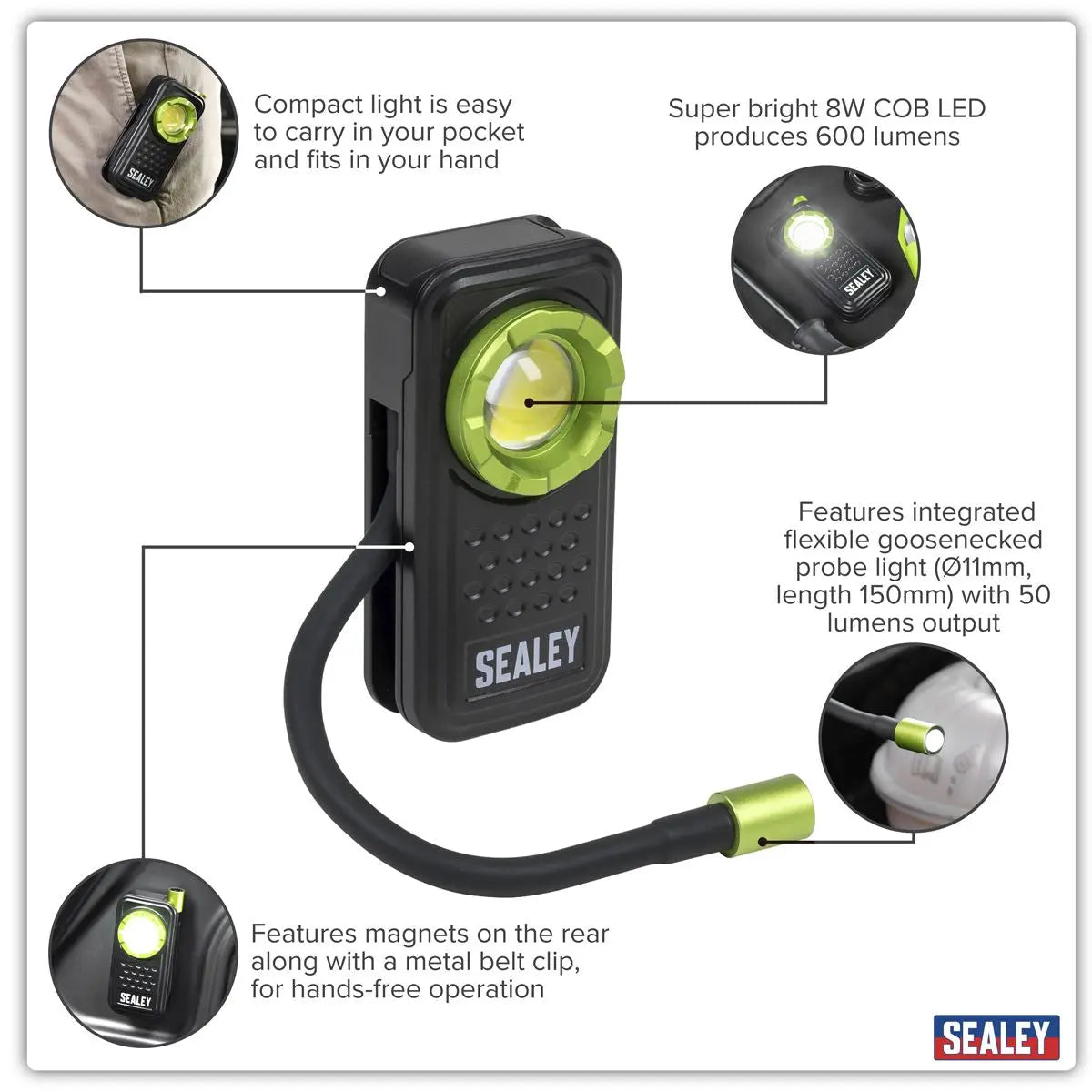 Sealey Pocket Light with Flexi Inspection Light 8W COB LED & 1W SMD LED  White Rose Tools