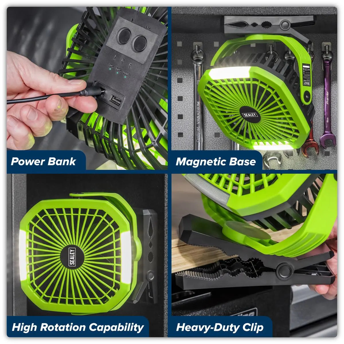 Sealey Portable Clip Fan with Worklight 8" 4 Speeds  White Rose Tools