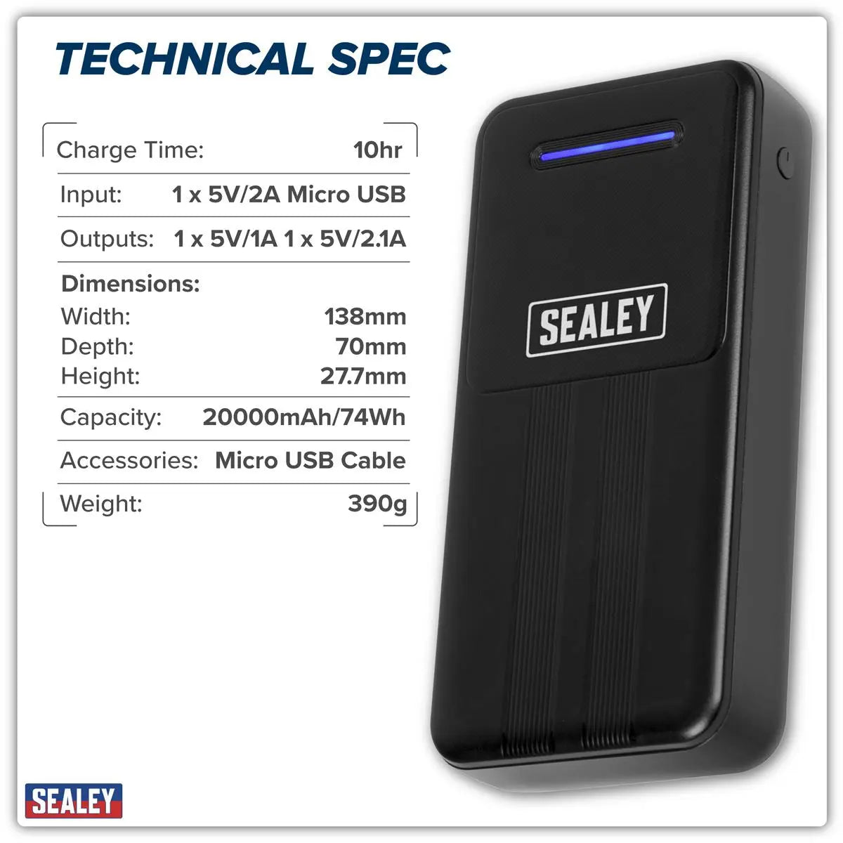Sealey Portable Power Bank 10W 20000mAh  White Rose Tools