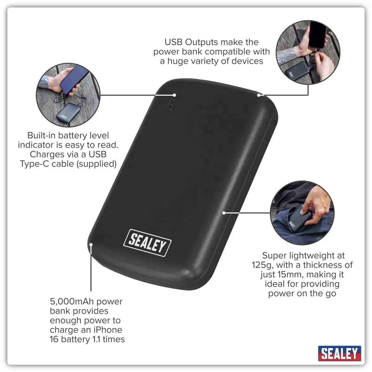 Sealey Portable Power Bank 10W 5000mAh  White Rose Tools