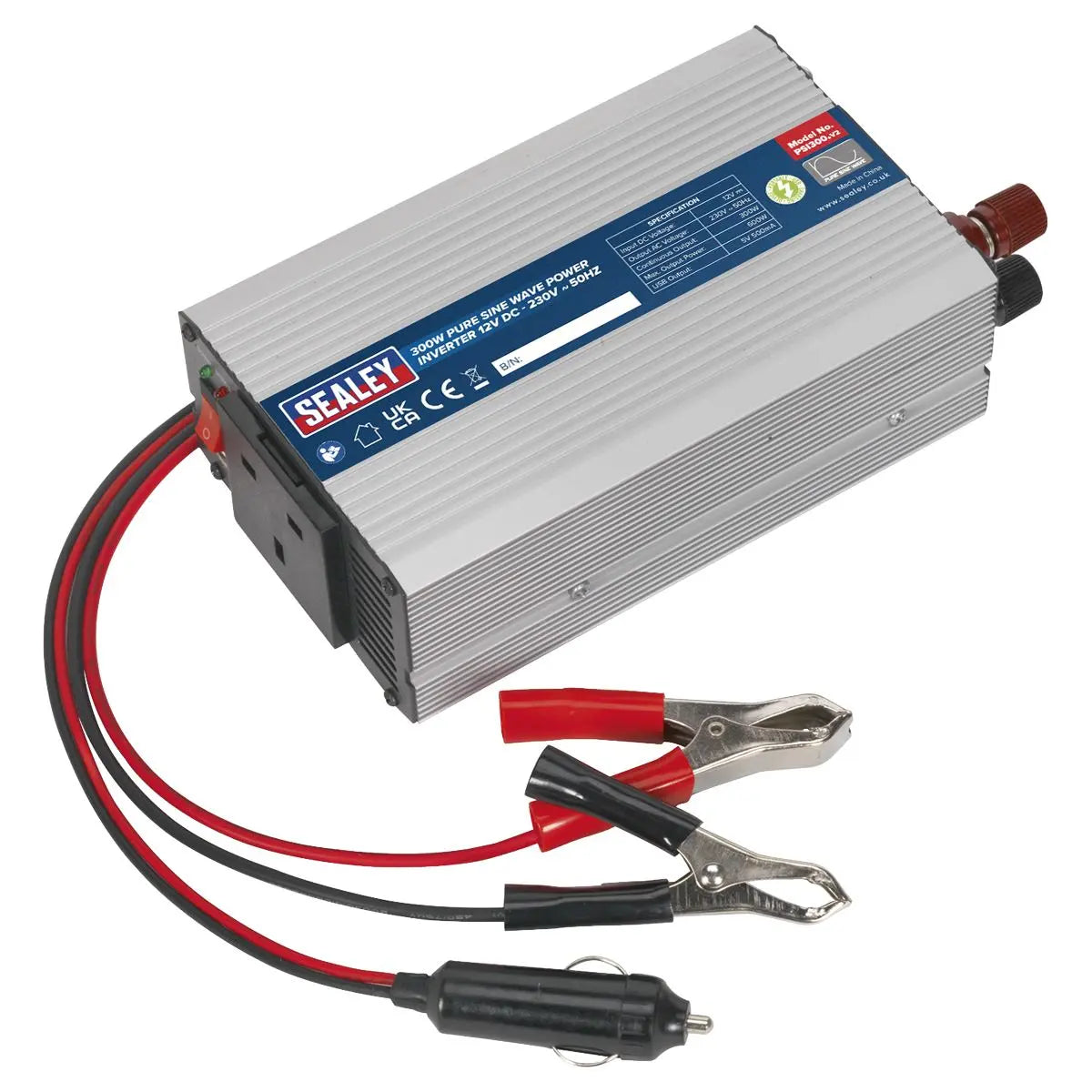 Sealey Power Inverter Pure Sine Wave 300W 12V DC - 230V ~ 50Hz 