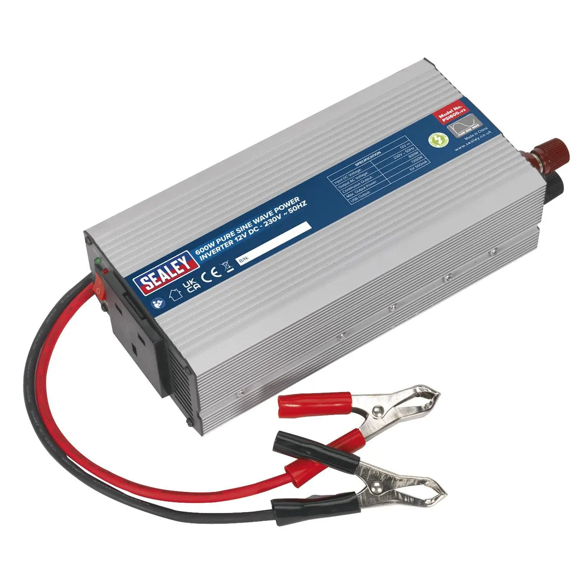 Sealey Power Inverter Pure Sine Wave 600W 12V DC - 230V ~ 50Hz 