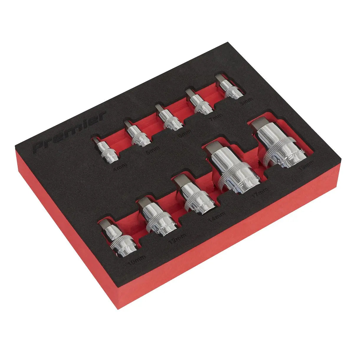 Sealey Premier 10 Piece 1/4" 3/8" 1/2" Drive Stubby Hex Socket Bit Set in EVA Tray 4-19mm 