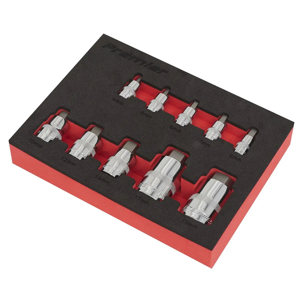 Sealey Premier 10 Piece 1/4" 3/8" 1/2" Drive Stubby Hex Socket Bit Set in EVA Tray 4-19mm 