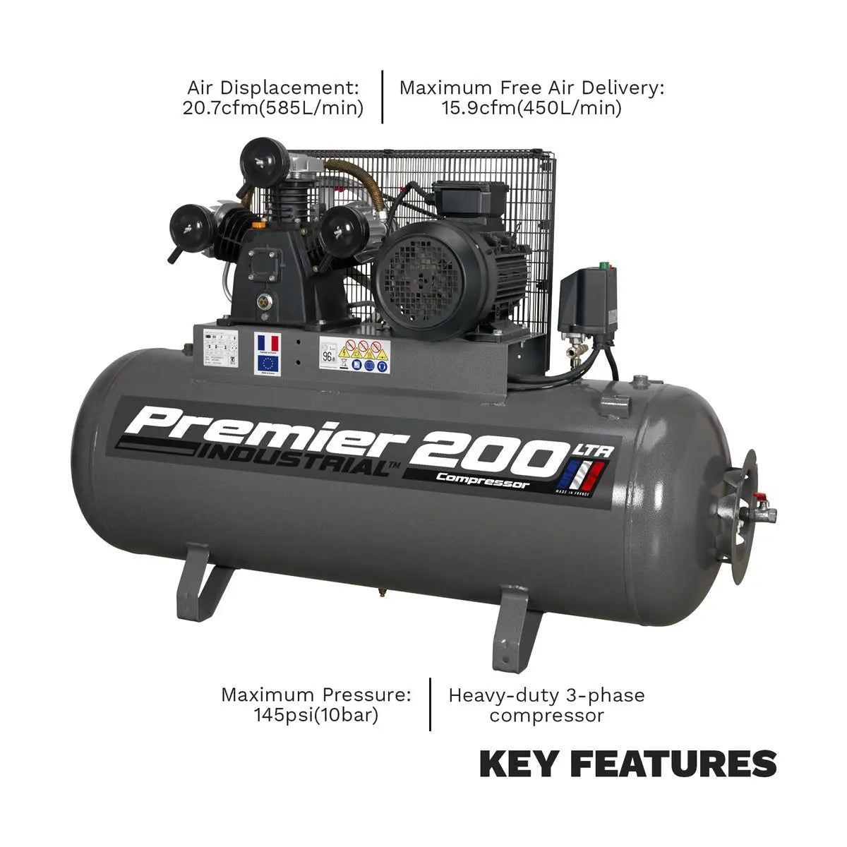 Sealey Premier 200L Belt Drive Air Compressor 5.5hp 3ph 