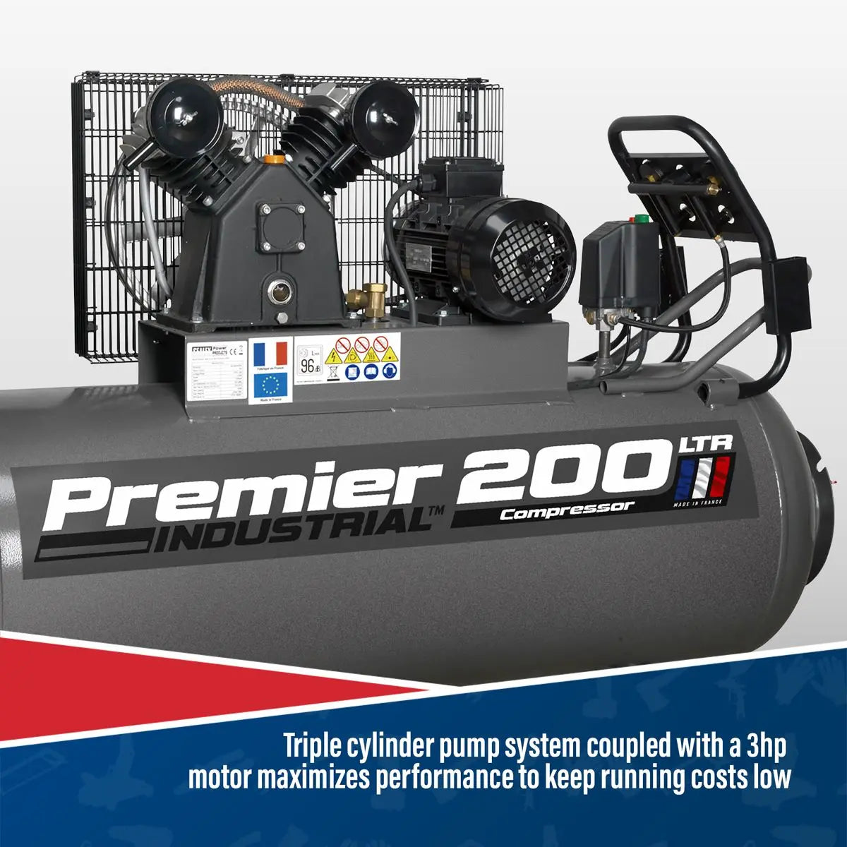 Sealey Premier 200L Belt Drive Air Compressor with Front Control Panel 3hp 415V 3ph 