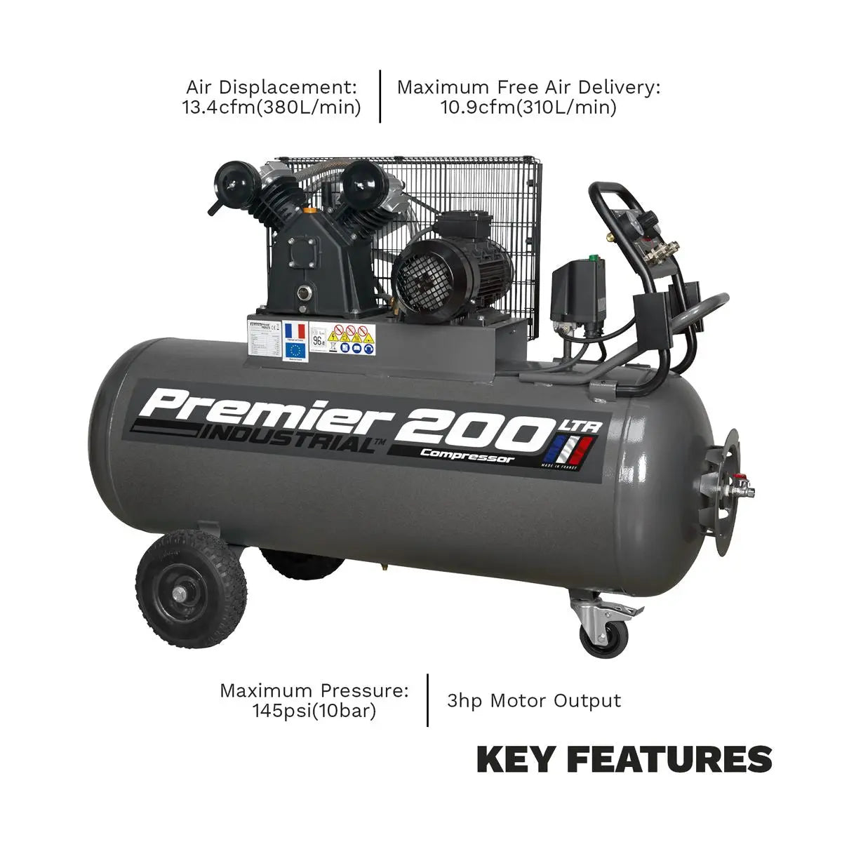 Sealey Premier 200L Belt Drive Air Compressor with Front Control Panel 3hp 