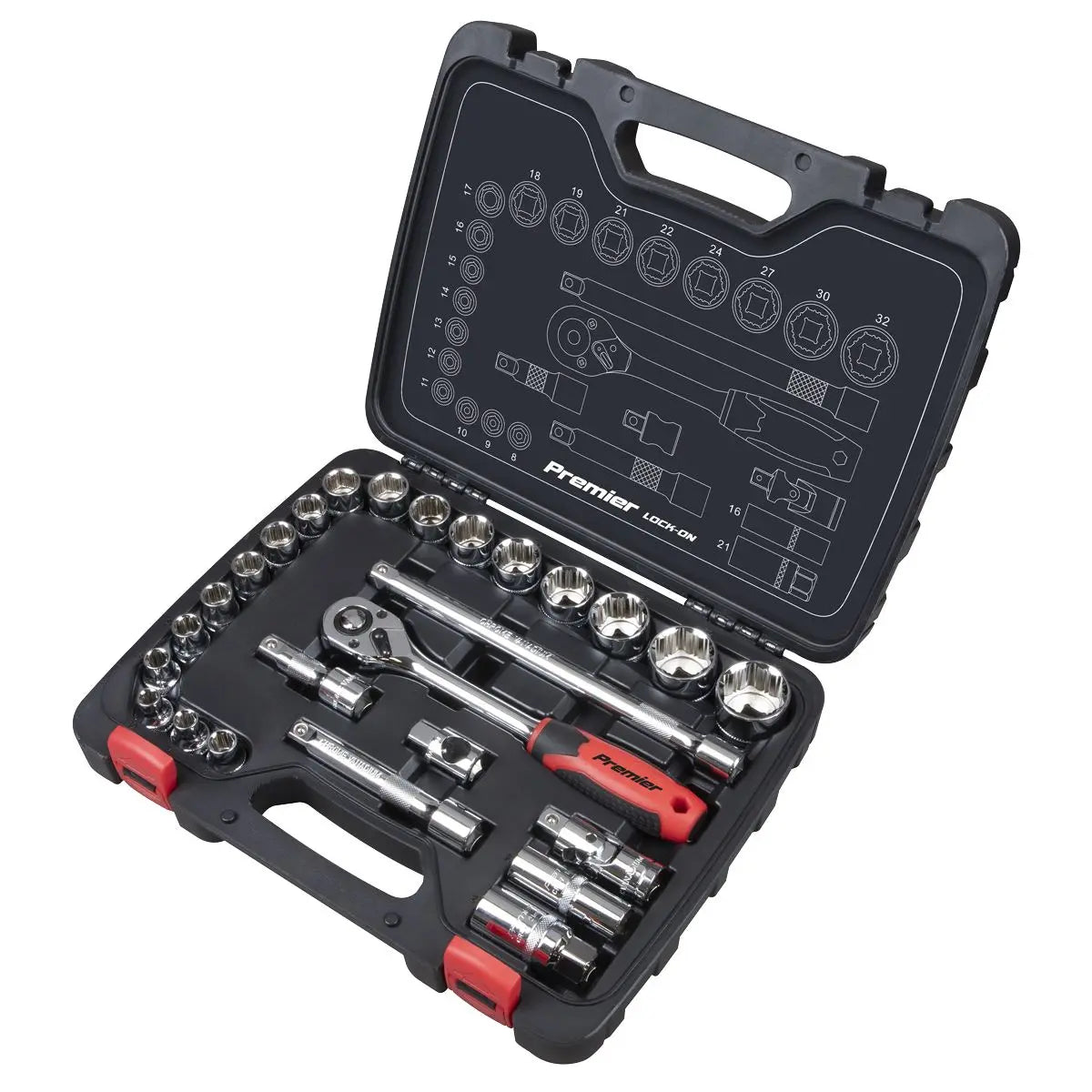 Sealey Premier 26 Piece 1/2" Drive Lock On Socket Set 8-32mm Ratchet Handle 