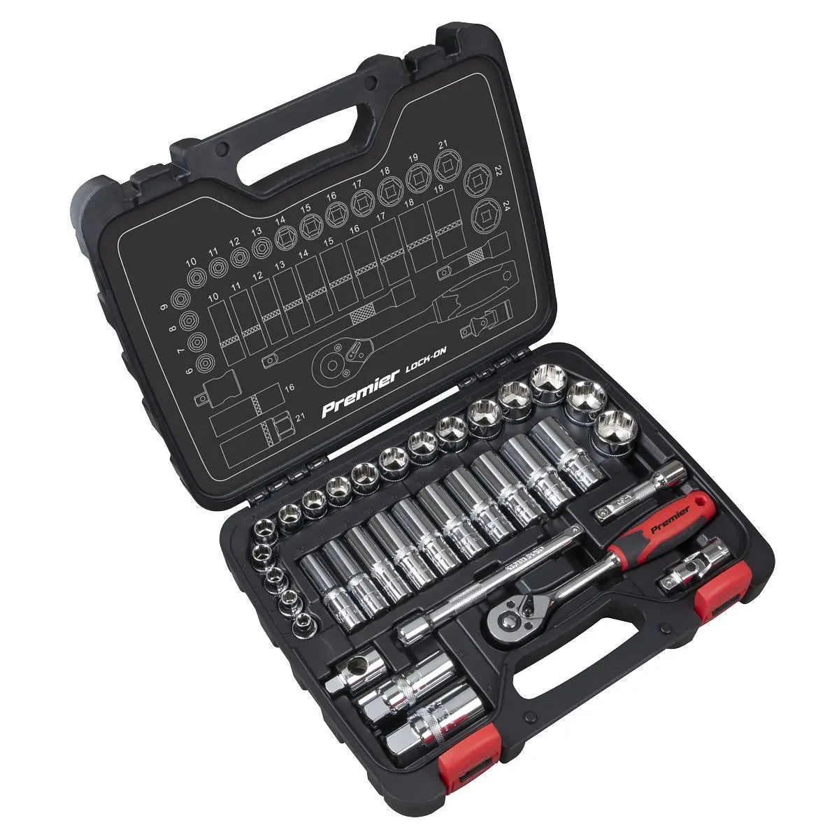Sealey Premier 34 Piece 3/8" Drive Lock On Socket Set 6-24mm Ratchet Handle 