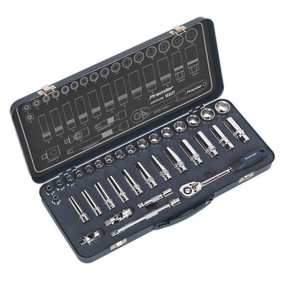 Sealey Premier 34 Piece 3/8" Drive Lock On Socket Set 6-24mm Ratchet Handle 