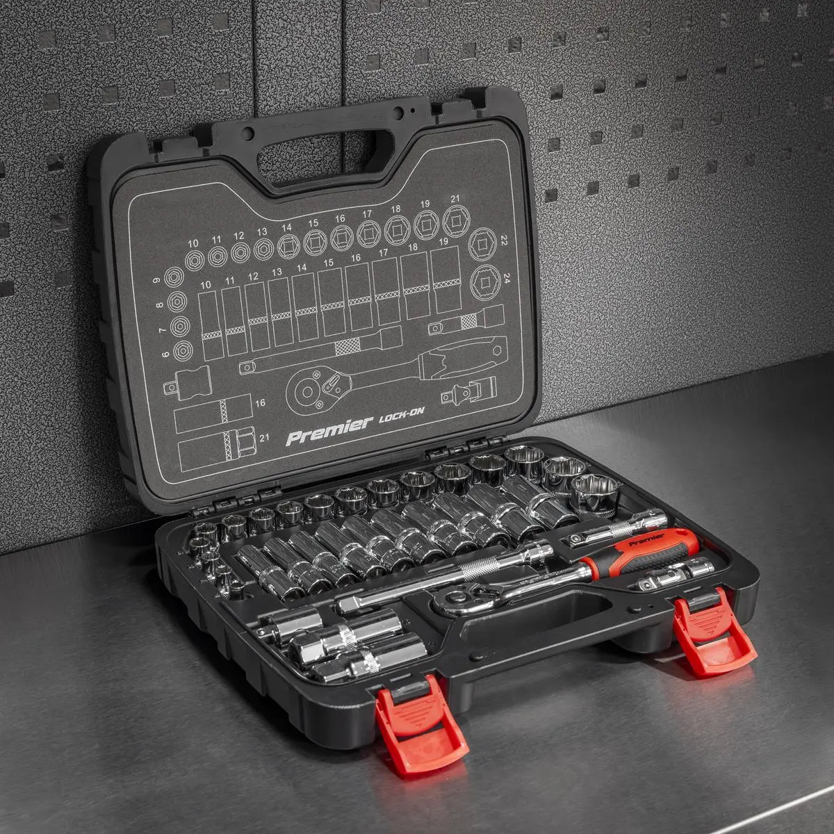 Sealey Premier 34 Piece 3/8" Drive Lock On Socket Set 6-24mm Ratchet Handle 