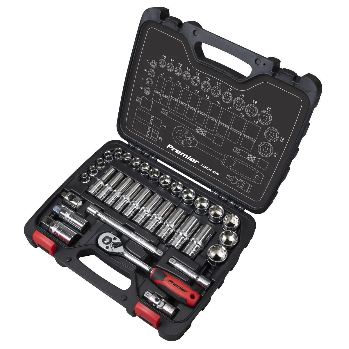 Sealey Premier 34 Piece 3/8" Drive Lock On Socket Set 6-24mm Ratchet Handle 