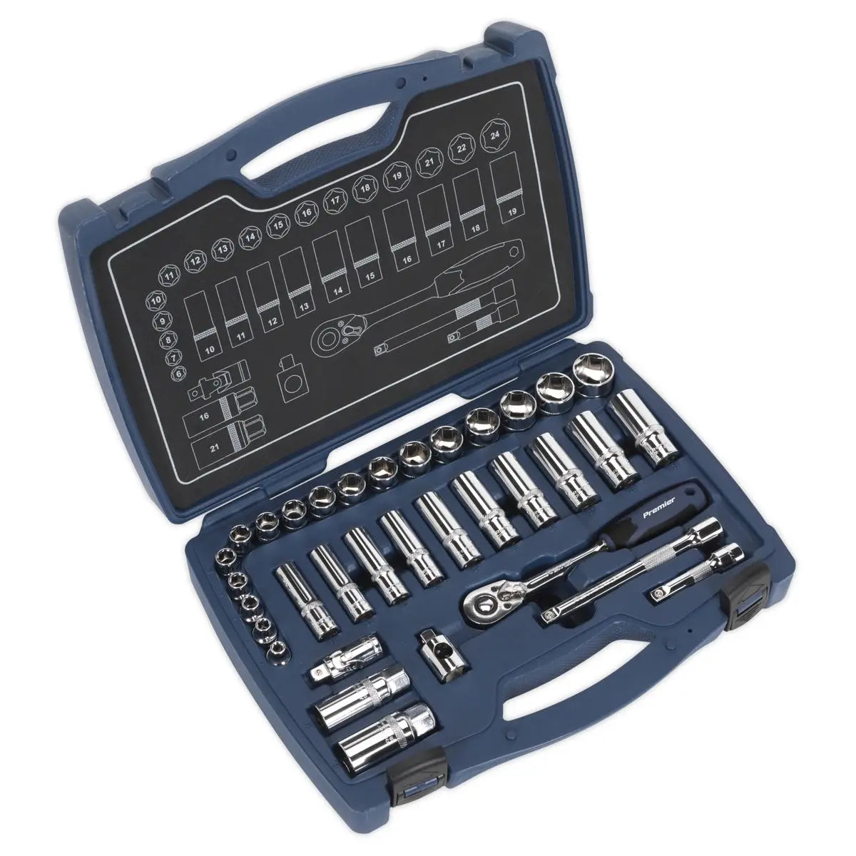 Sealey Premier 34 Piece 3/8" Drive Metric Socket Set 6-24mm WallDrive Ratchet 