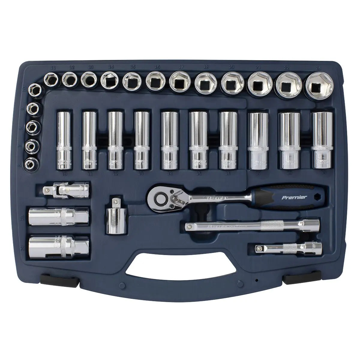 Sealey Premier 34 Piece 3/8" Drive Metric Socket Set 6-24mm WallDrive Ratchet 