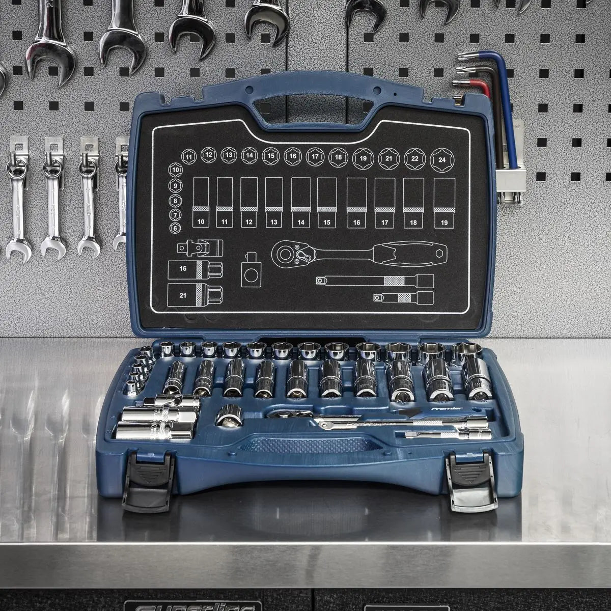 Sealey Premier 34 Piece 3/8" Drive Metric Socket Set 6-24mm WallDrive Ratchet 