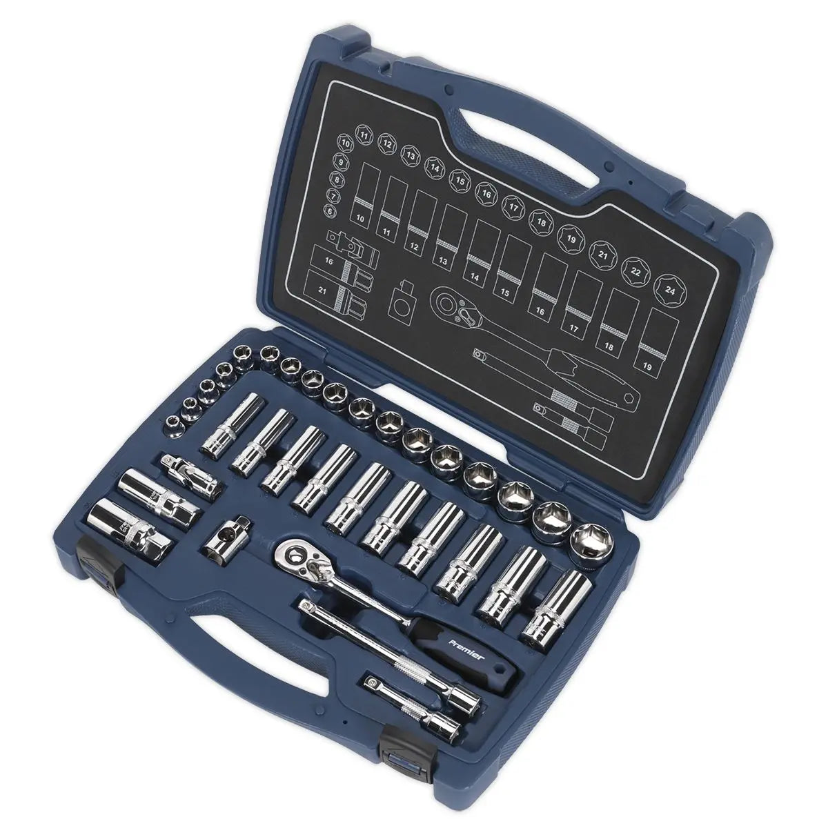 Sealey Premier 34 Piece 3/8" Drive Metric Socket Set 6-24mm WallDrive Ratchet 