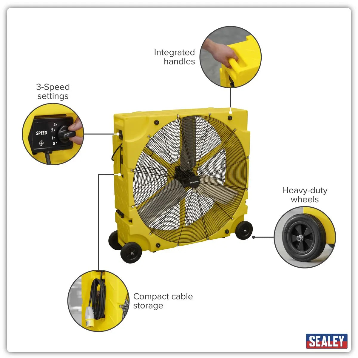 Sealey Premier 36" Industrial High Velocity Rotomould Drum Fan 3-Speed 110V  White Rose Tools