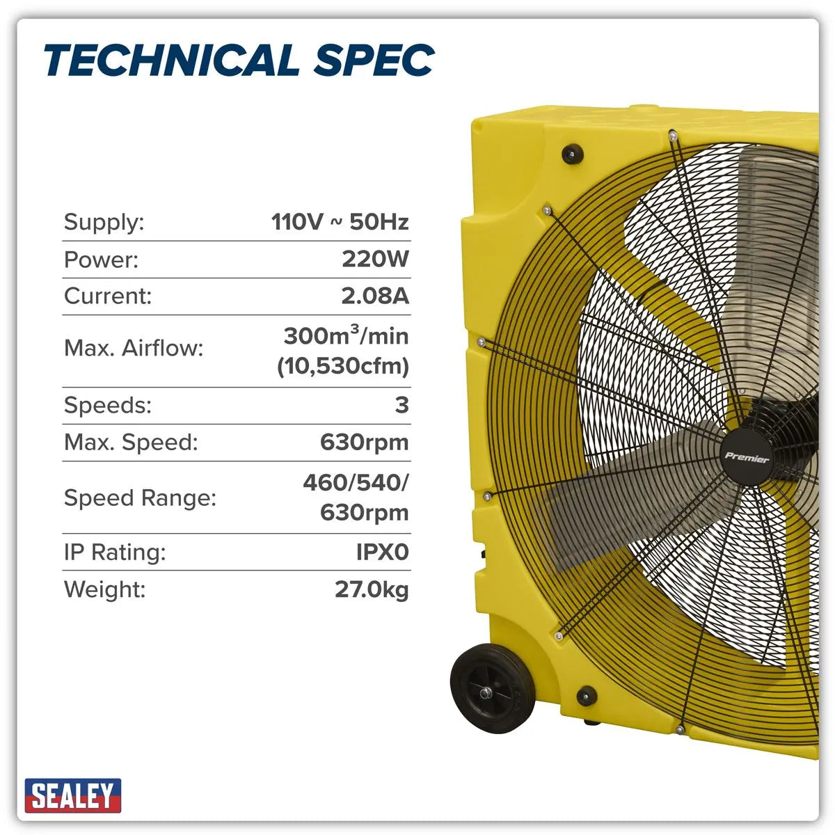 Sealey Premier 36" Industrial High Velocity Rotomould Drum Fan 3-Speed 110V  White Rose Tools