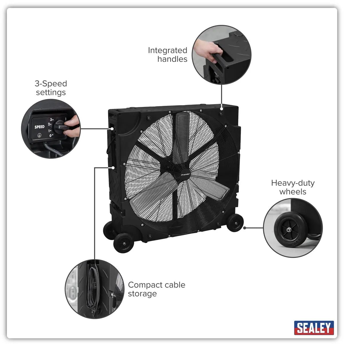 Sealey Premier 36" Industrial High Velocity Rotomould Drum Fan 3-Speed 230V  White Rose Tools
