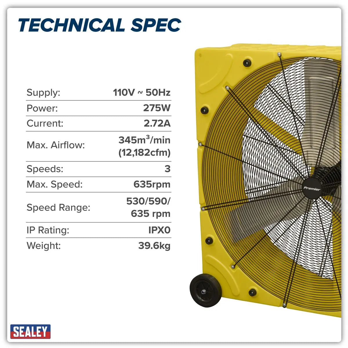 Sealey Premier 42" Industrial High Velocity Rotomould Drum Fan 3-Speed 110V  White Rose Tools