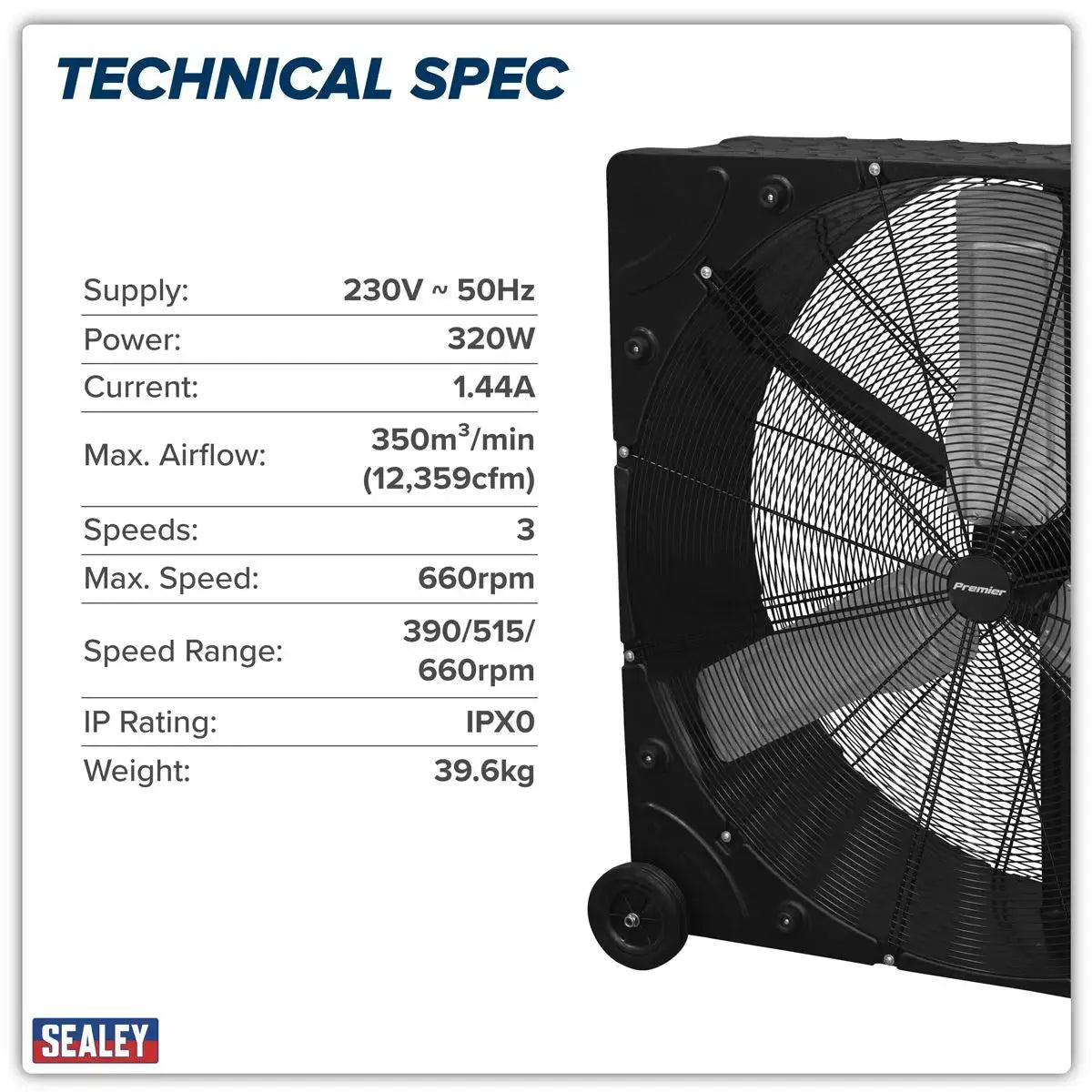 Sealey Premier 42" Industrial High Velocity Rotomould Drum Fan 3-Speed 230V  White Rose Tools