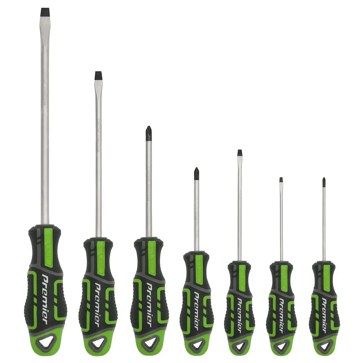 Sealey Premier 7 Piece GripMAX Screwdriver Set Slotted Phillips (Hi-Vis Green)  White Rose Tools