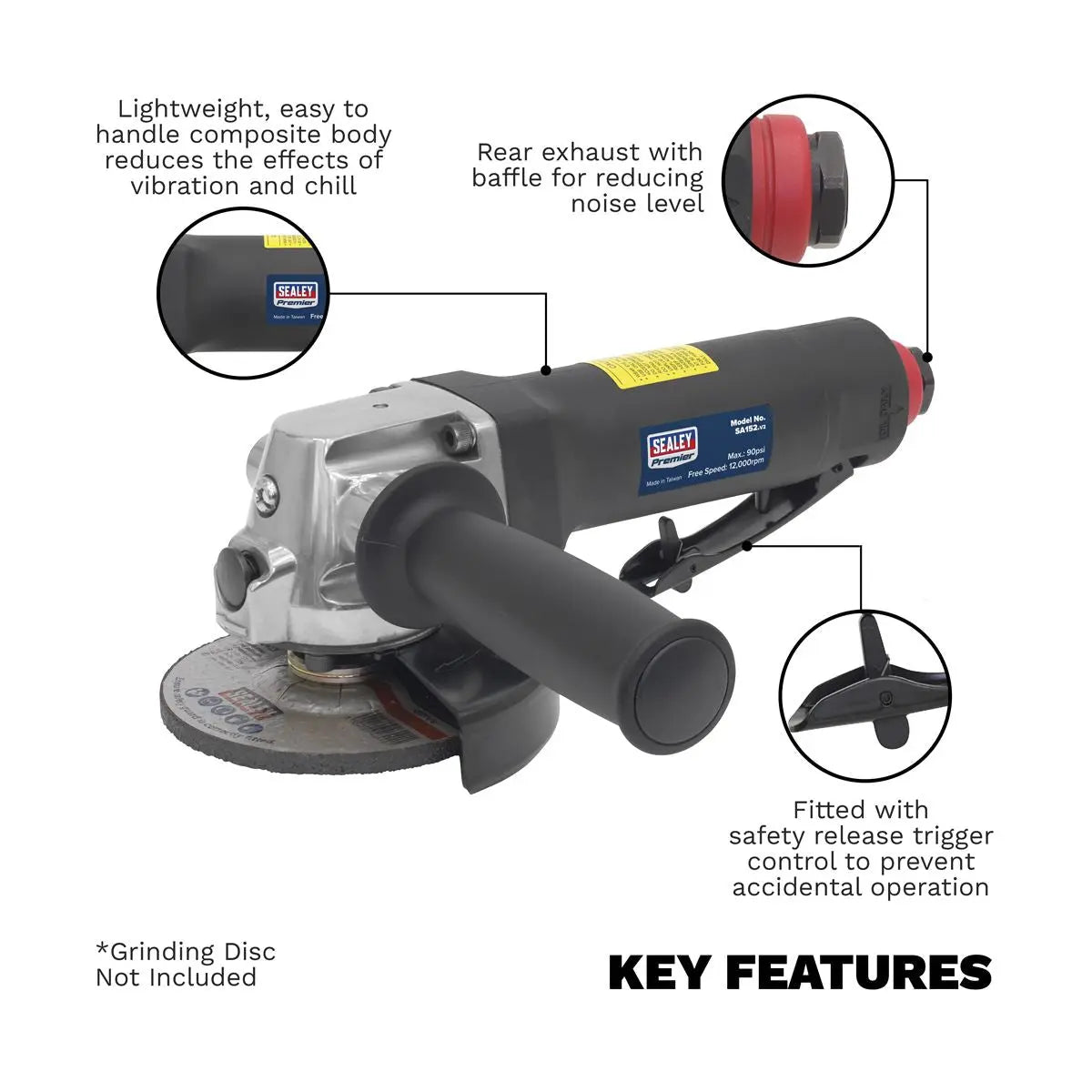 Sealey Premier Air Angle Grinder Ø100mm Composite Housing 