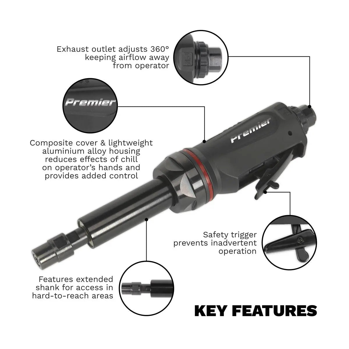 Sealey Premier Air Die Grinder Maxi Size 260mm Long Reach Premier 