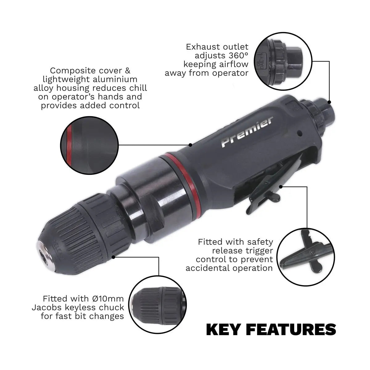 Sealey Premier Air Drill Straight with Ø10mm Keyless Chuck Premier 