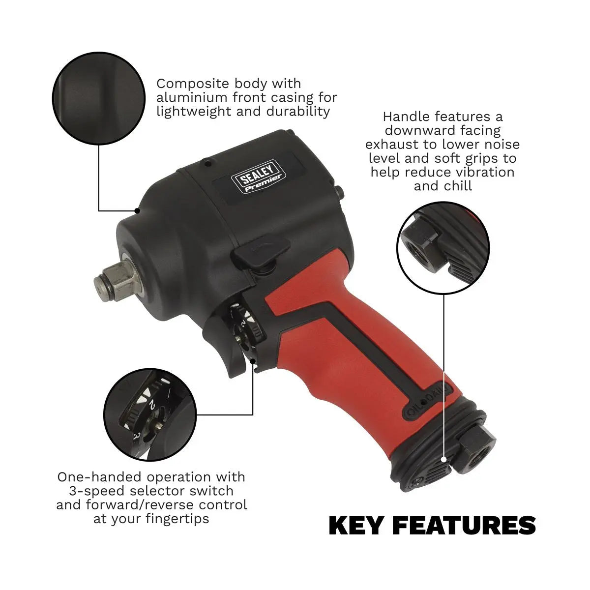 Sealey Premier Air Impact Wrench 1/2"Sq Drive Stubby - Twin Hammer 