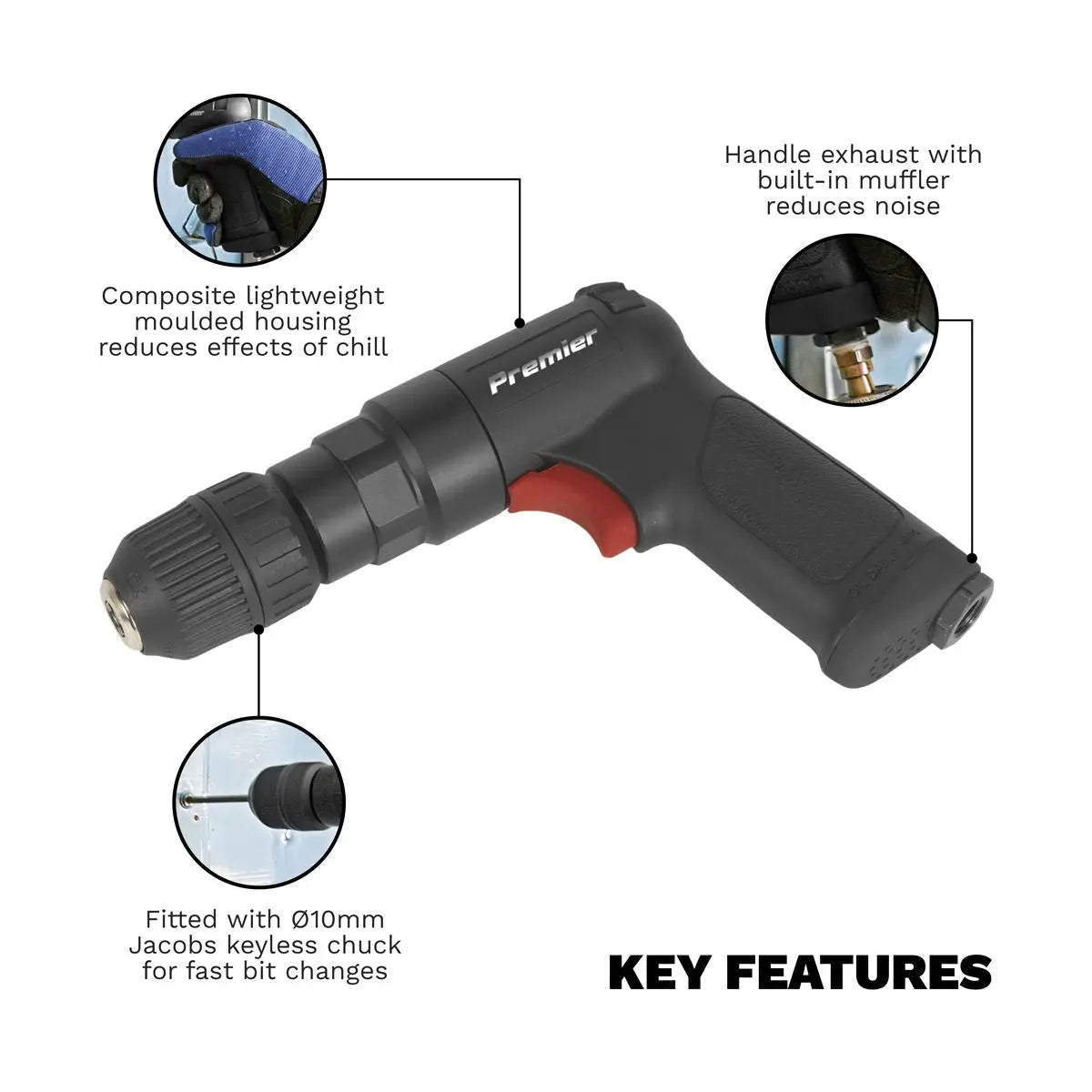 Sealey Premier Air Pistol Drill Ø10mm with Keyless Chuck Composite Reversible - Premier 