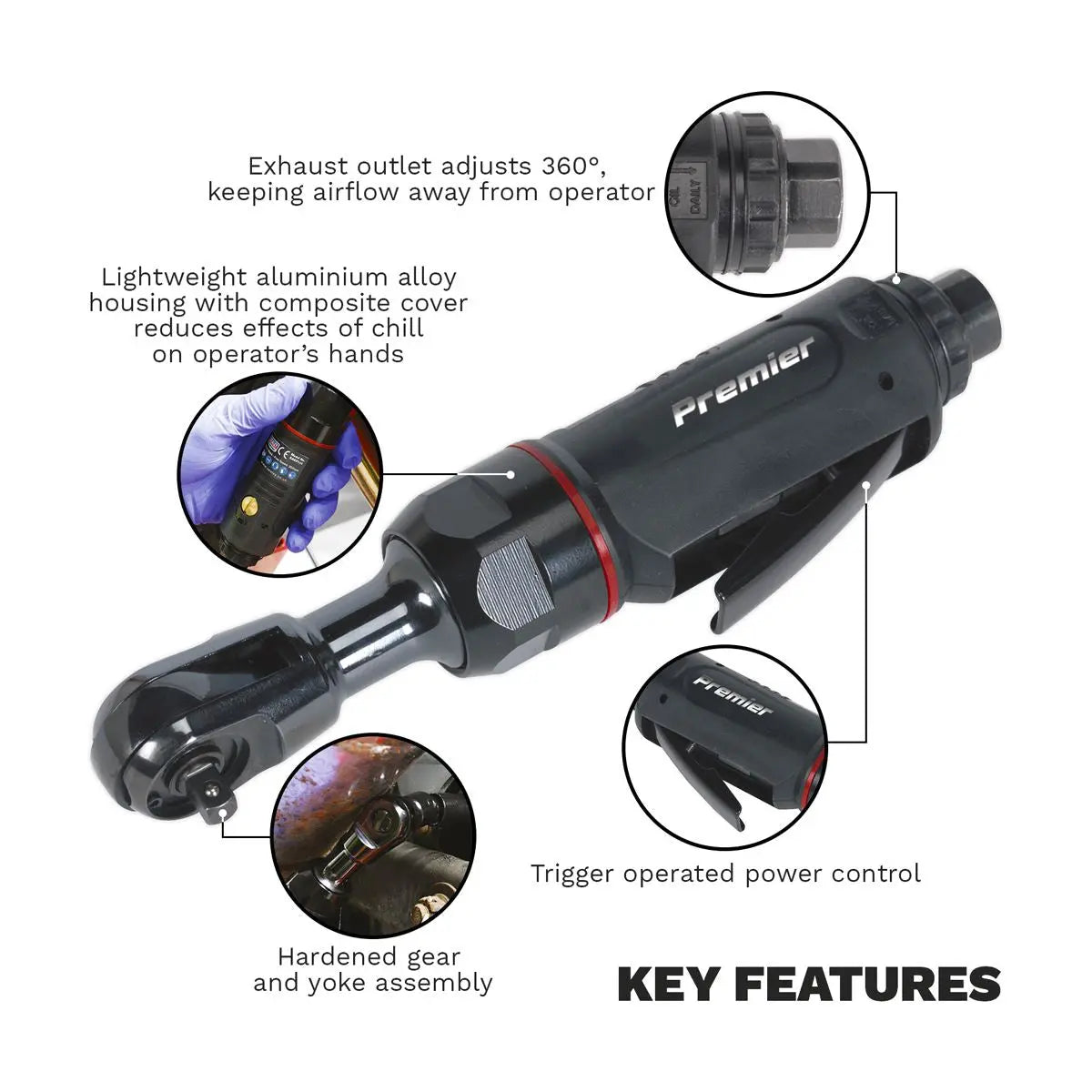 Sealey Premier Air Ratchet Wrench Compact 1/4"Sq Drive Premier 
