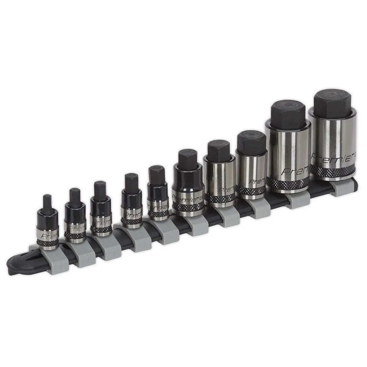 Sealey Premier Black 10 Piece 1/4" 3/8" 1/2" Drive Stubby Hex Socket Bit Set 4-19mm 