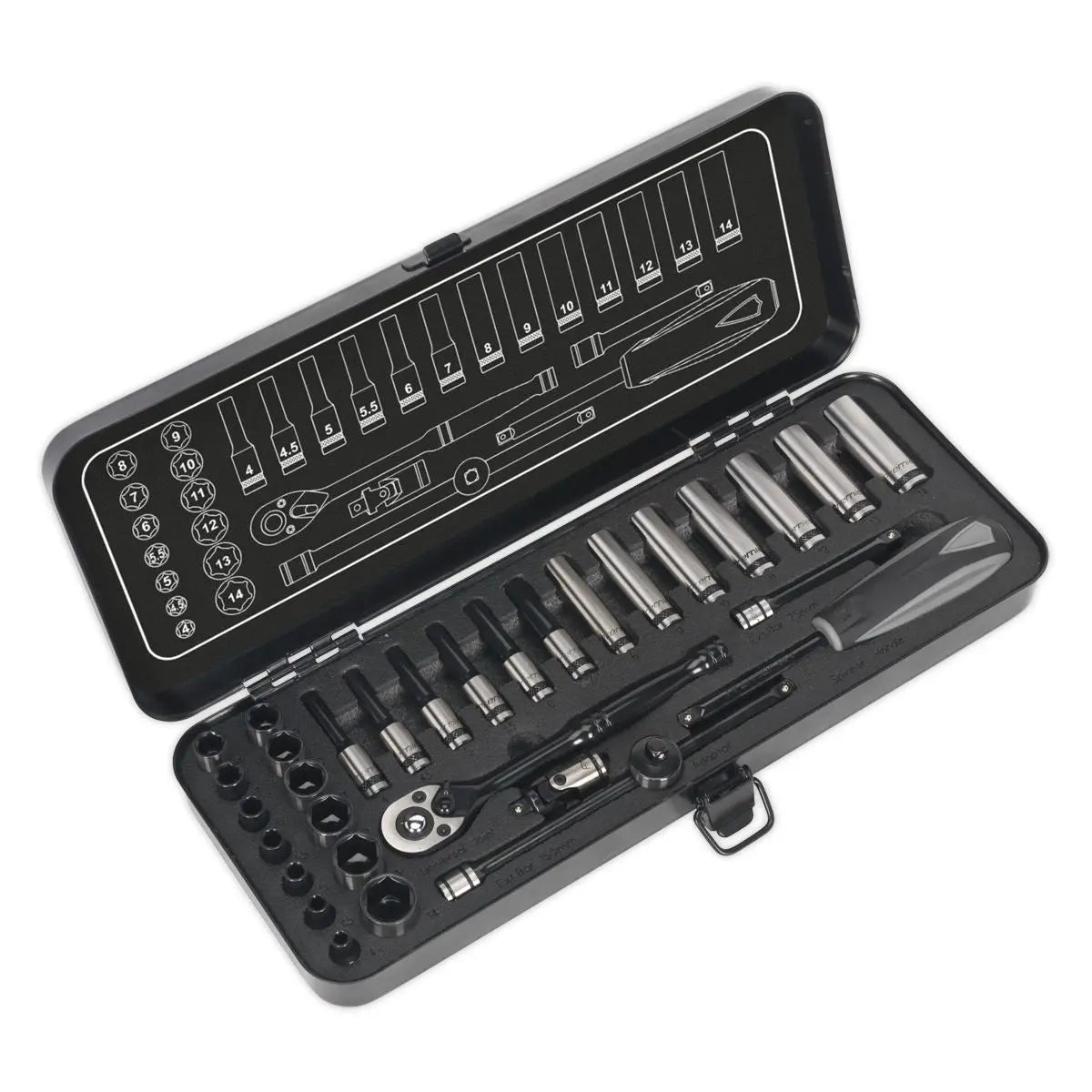 Sealey Premier Black 32 Piece 1/4" Drive Metric Socket Set WallDrive Ratchet Handle 