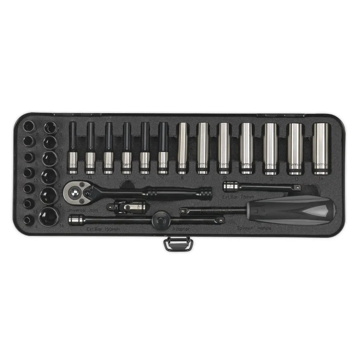 Sealey Premier Black 32 Piece 1/4" Drive Metric Socket Set WallDrive Ratchet Handle 