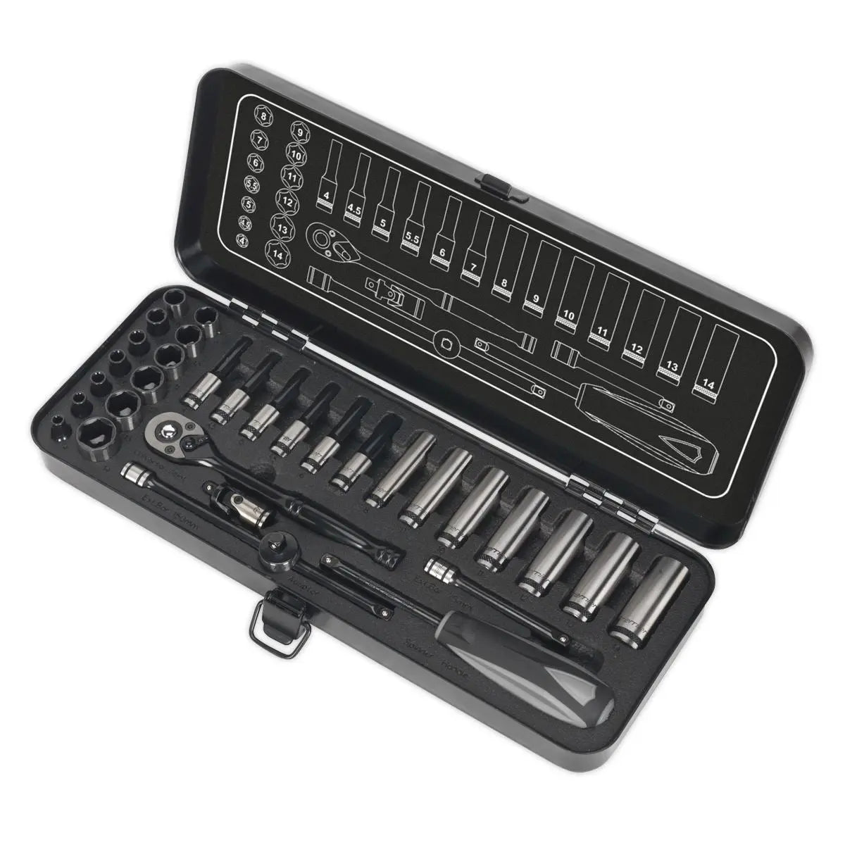 Sealey Premier Black 32 Piece 1/4" Drive Metric Socket Set WallDrive Ratchet Handle 