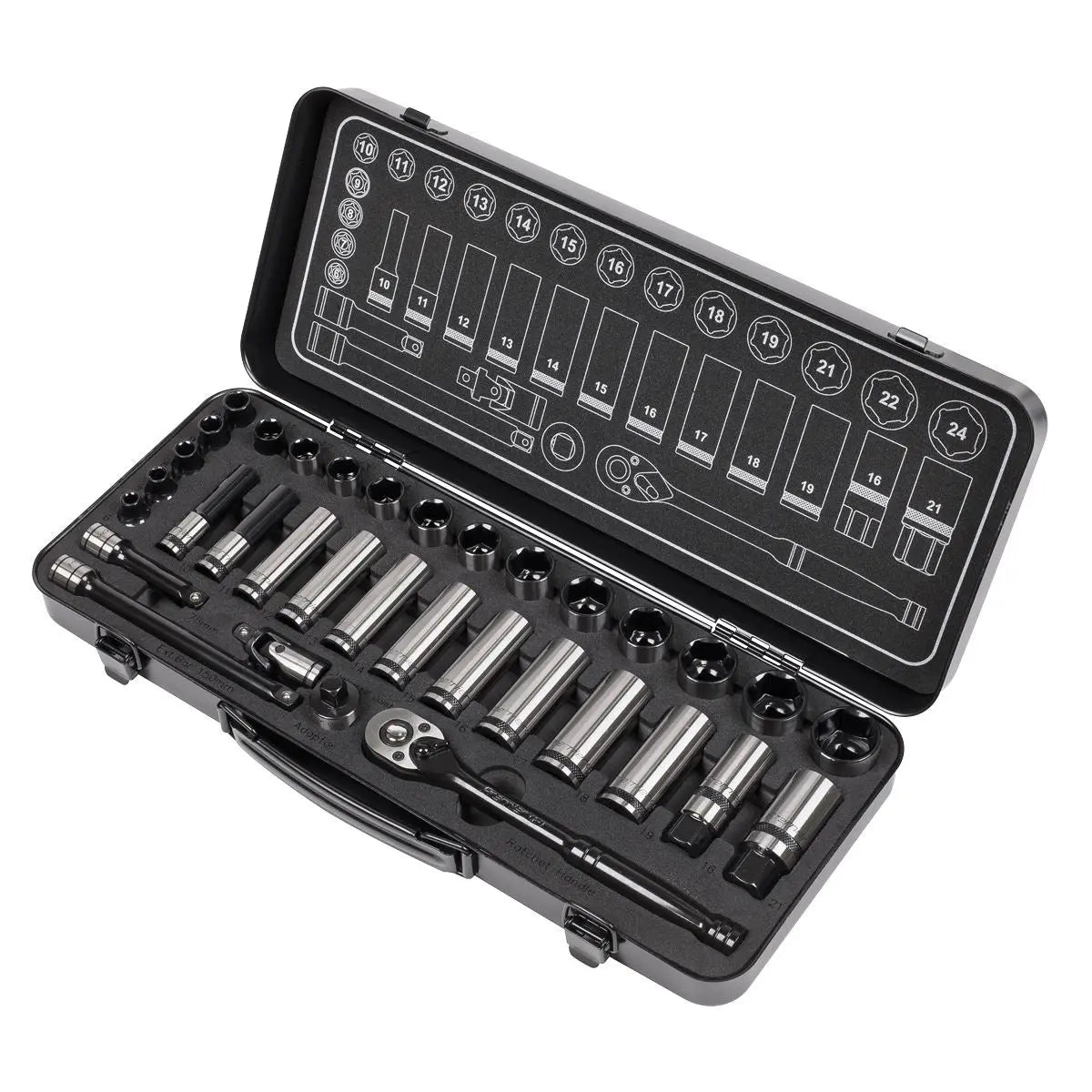 Sealey Premier Black 34 Piece 3/8" Drive Metric Socket Set WallDrive Ratchet Handle 