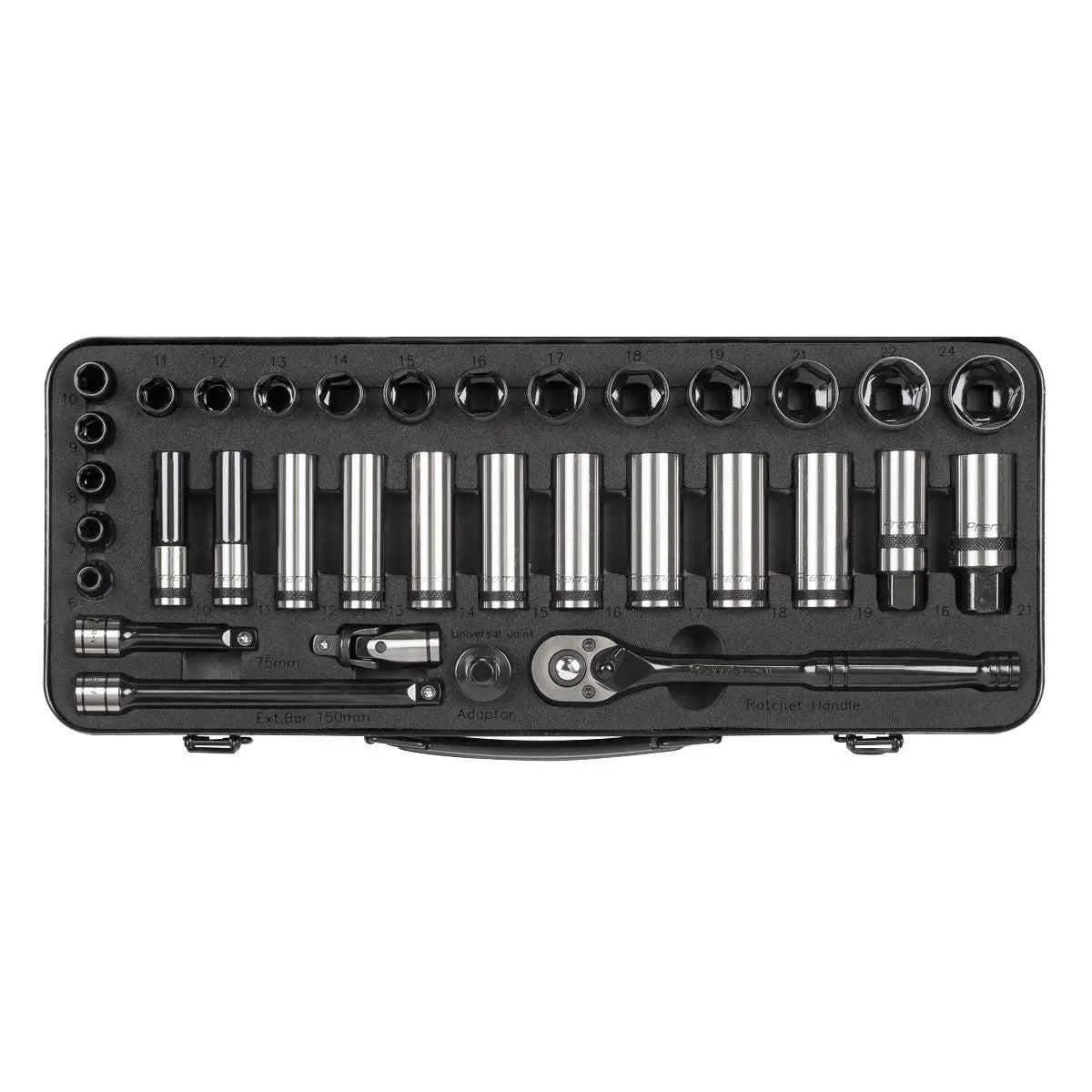 Sealey Premier Black 34 Piece 3/8" Drive Metric Socket Set WallDrive Ratchet Handle 