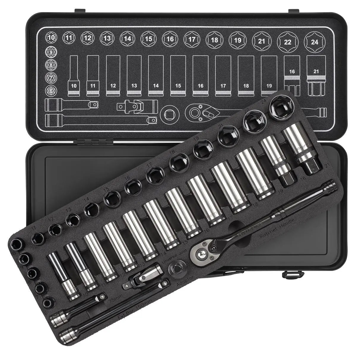 Sealey Premier Black 34 Piece 3/8" Drive Metric Socket Set WallDrive Ratchet Handle 