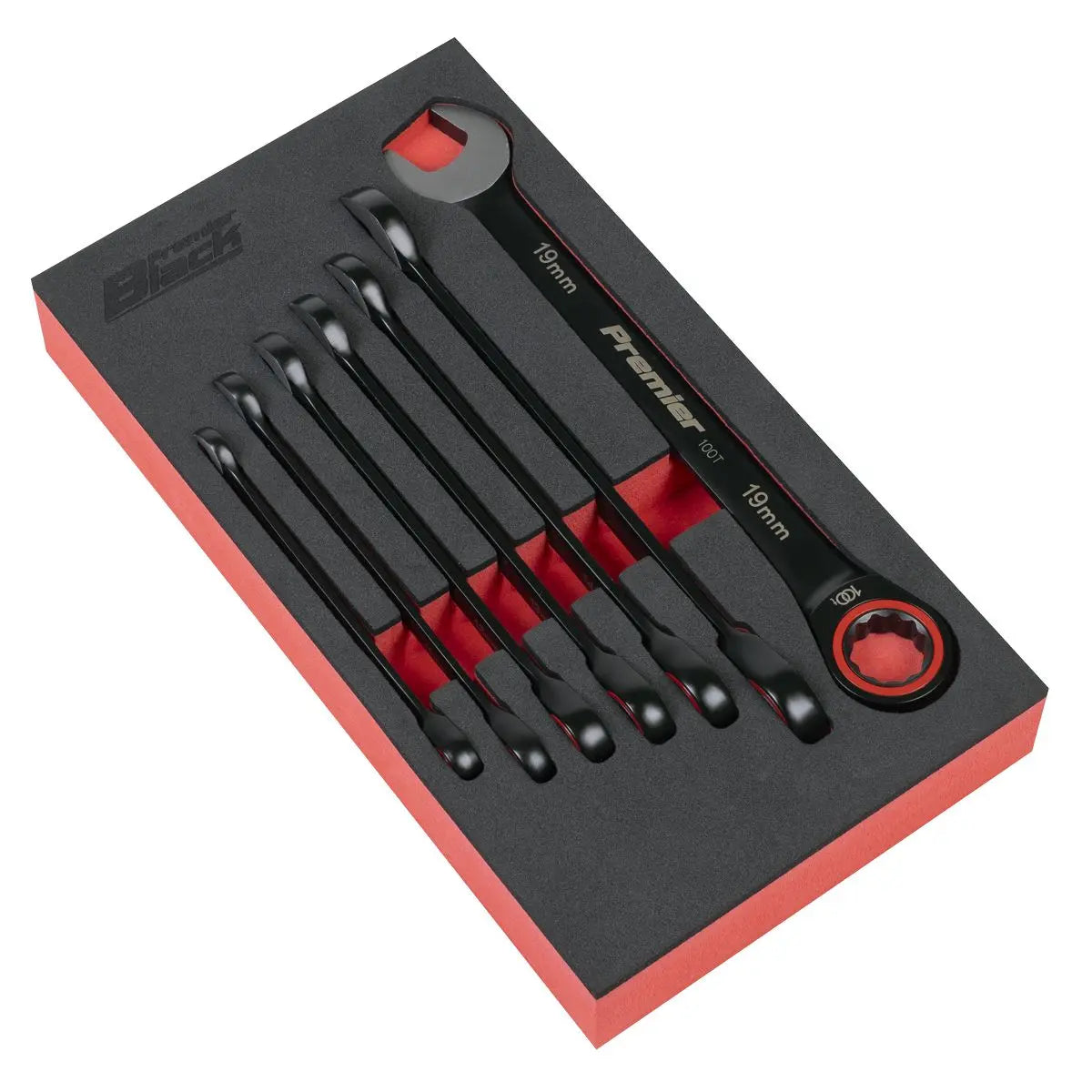 Sealey Premier Black Premier Black Combination Ratchet Spanner Set 7pc  White Rose Tools