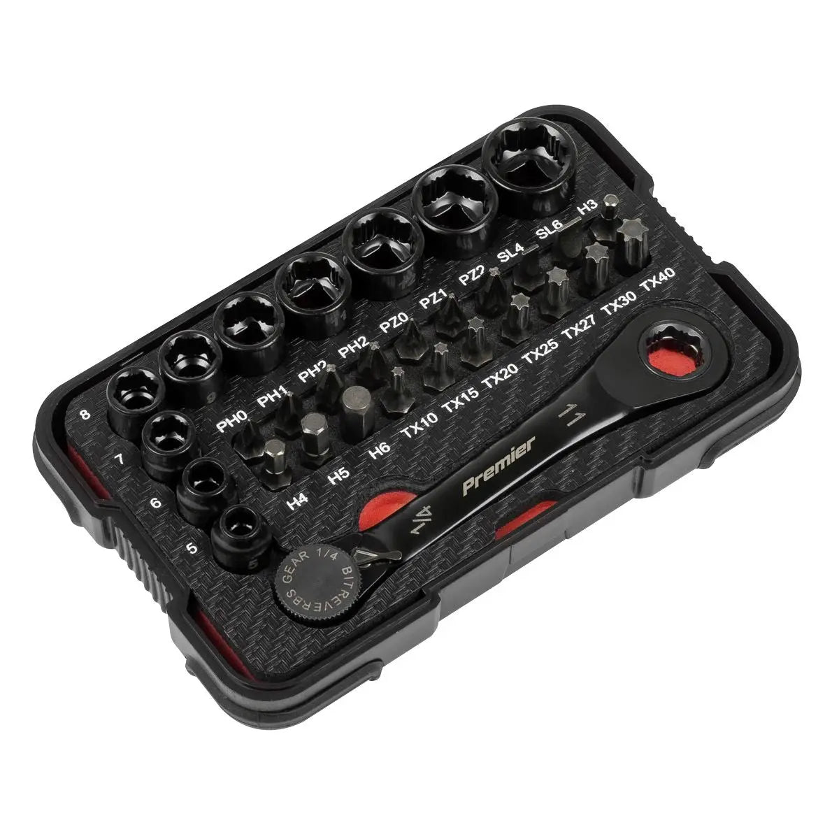 Sealey Premier Black Premier Black Go-Through Lock-On™ Low Profile Socket & Bit Set 1/4"Sq Drive 31pc  White Rose Tools