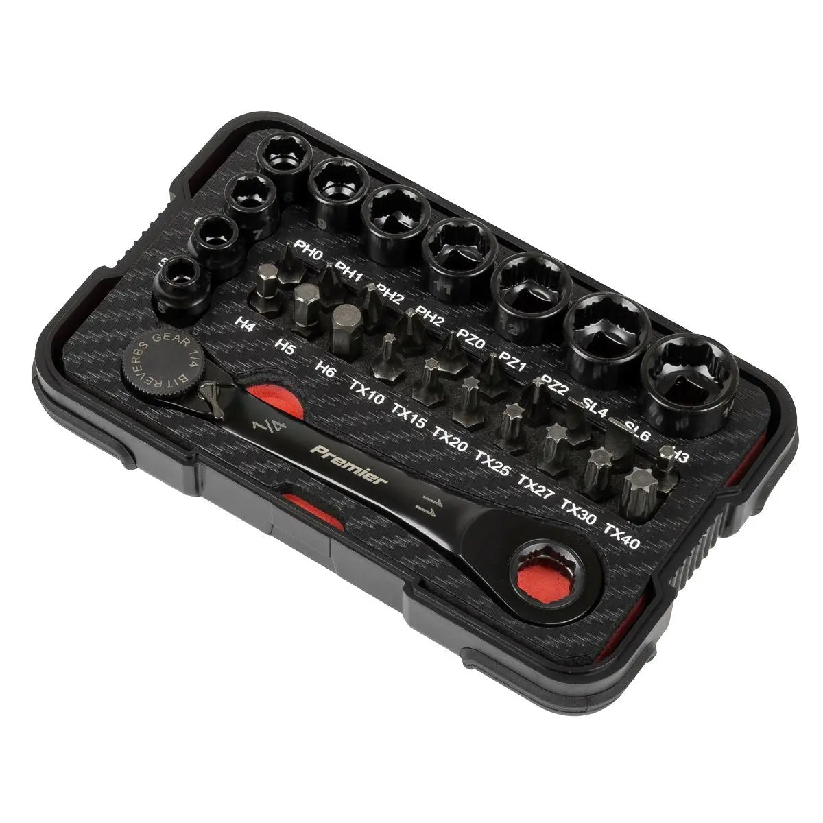 Sealey Premier Black Premier Black Go-Through Lock-On™ Low Profile Socket & Bit Set 1/4"Sq Drive 31pc  White Rose Tools